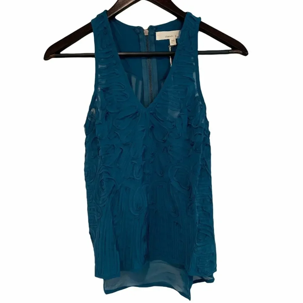 Chandi & Lia Blouse XS Deep Teal Sleeveless V Neck Soutache Trim - Picture 1 of 6